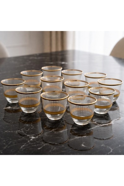 Elegant Arabic coffee cups, white and gold dotted glass, 70ml capacity, 12 pieces