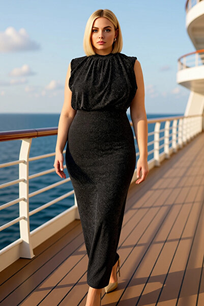 BENERLY Kadın Büyük Beden Dik Yaka Kolsuz Tül Örme Bodycon Kalıp Maxi Elbise ...