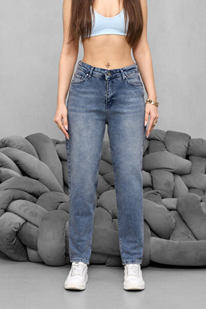 BİKELİFE Women's High Waist Stretch Fabric Soft Textured Comfort Mom Jeans