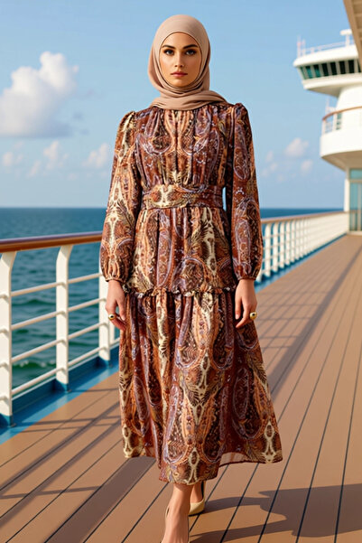 BENERLY Women's Mock Neck Balloon Sleeve Long Sleeve Maxi Length Chiffon Dres...