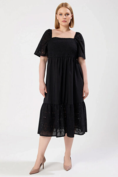 BENERLY Women's Plus Size Square Neck Short Sleeve Brode Woven Midi Dress Fun...