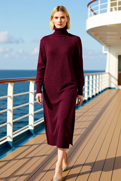 BENERLY Women's Turtleneck Long Sleeve Solid Pattern Wide Fit Knitwear Midi D...