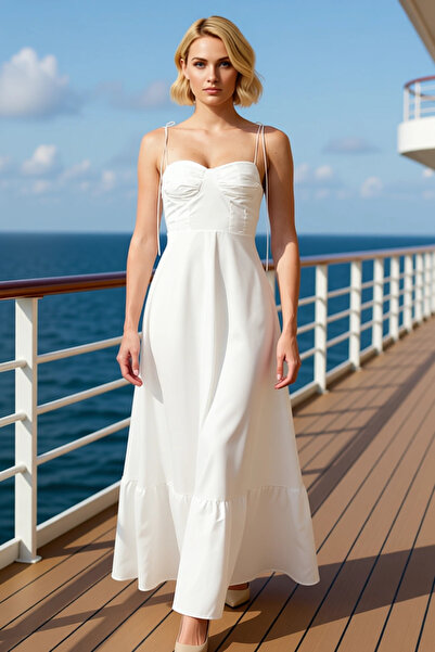 BENERLY Women's Thin Strap Heart Neckline A-Line Woven Maxi Dress Functional