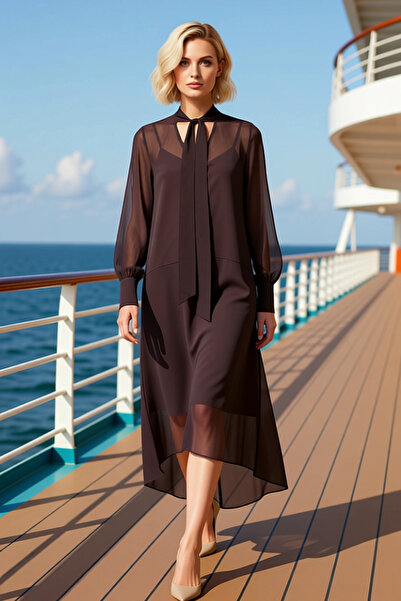 BENERLY فستان نسائي بياقة على شكل V وأكمام بالون طويلة، فستان منسوج على شكل ح...