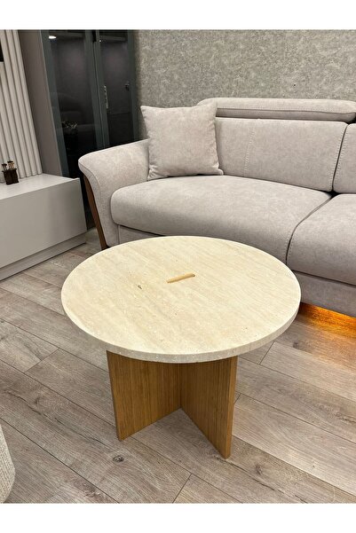 şantepe Meşe Ahşap Ayaklı, Yuvarlak Mermer Sehpa, Orta Masa Açık Meşe
