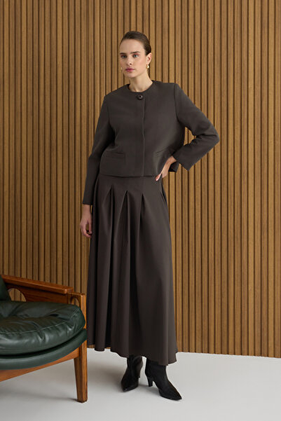 Aker Kahverengi Koton Pileli Etek