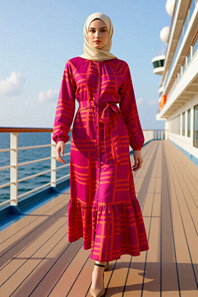 BENERLY Women's Collar Standard Sleeve Shirt Dress Geometric Pattern Maxi Len...