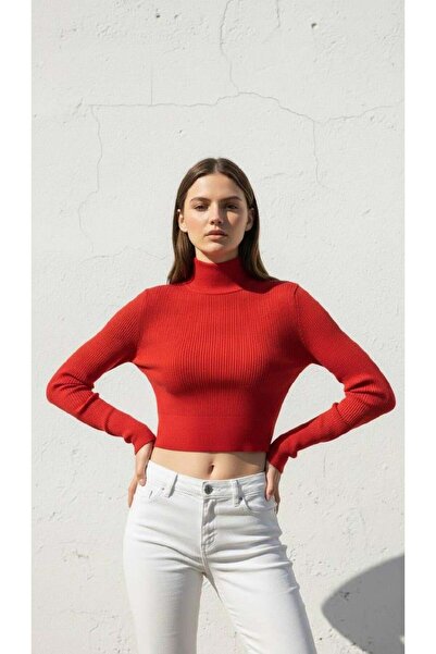 Miss Poem Women's Red Turtleneck Corded Fabric Crop Knitwear Sweater