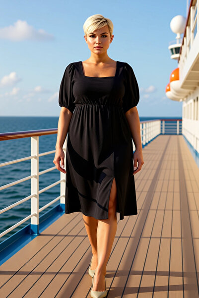 BENERLY Γυναικείο πλεκτό φόρεμα μεγάλου μεγέθους με τετράγωνο γιακά, κοντό μα...