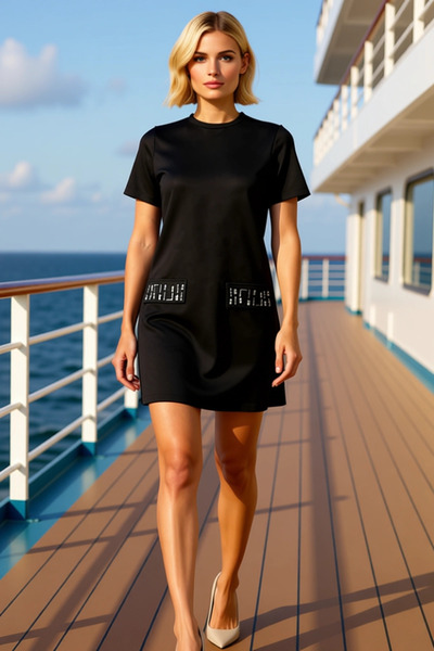 BENERLY Women's Crew Neck Short Sleeve Shift Mold Plain Knitted Mini Dress Fu...