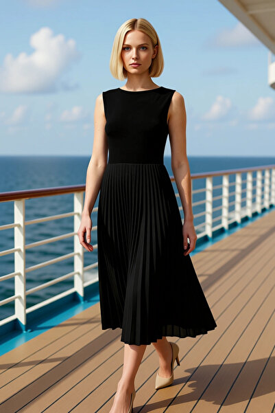 BENERLY Kadın Kayık Yaka Kolsuz Pileli Midi Elbise Fonksiyonel Dayanıklı Şık