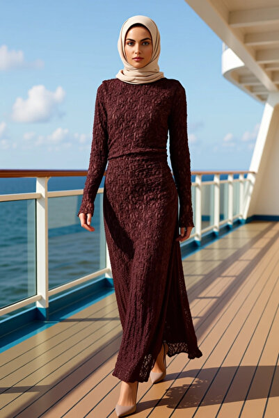 BENERLY Kadın Bisiklet Yaka Standart Kol Bodycon Kalıp Maxi Elbise Fonksiyone...