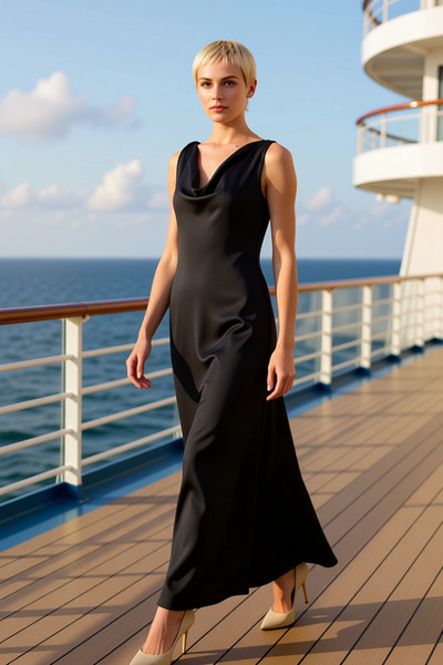 BENERLY فستان ماكسي نسائي من الساتان بدون أكمام وياقة ديجاجي، مصنوع من قماش م...