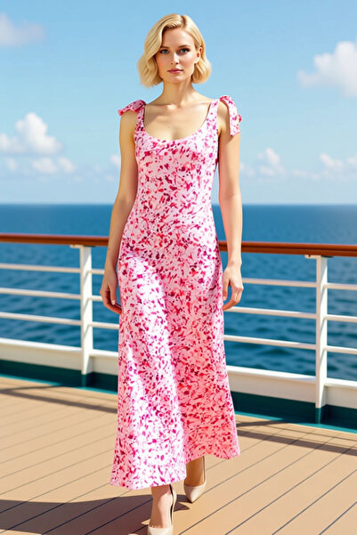 BENERLY Women's Pool Neck Sleeveless Skater Fit Maxi Dress Tie Detail Abstrac...