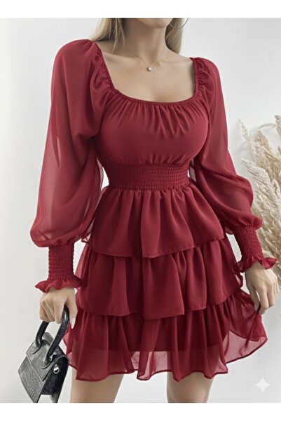 Giyimodam Women's Long Sleeve Square Neck Elastic Waist Flounce Chiffon Dress