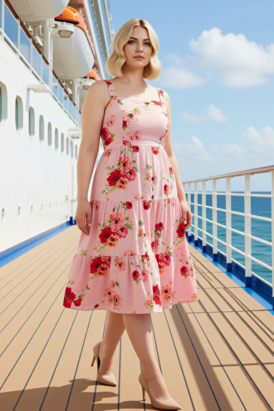 BENERLY Rochie midi țesută florală, fără mâneci, cu decolteu în formă de inim...