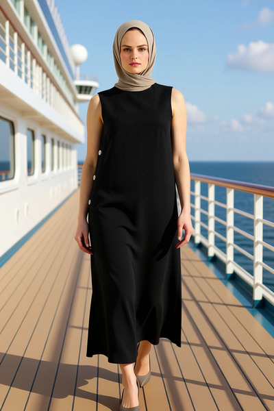 BENERLY Rochie midi pentru femei, cu decolteu rotund, fără mâneci, țesătură s...