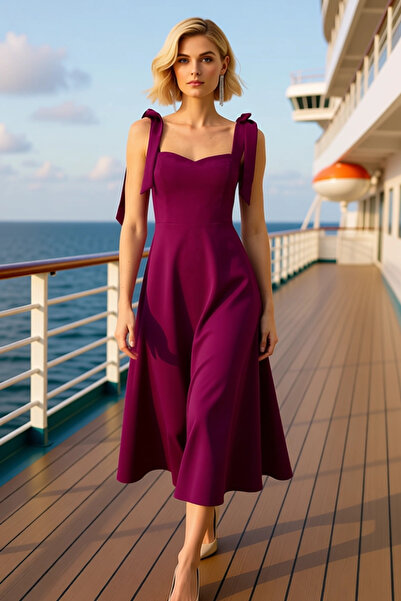 BENERLY Women's Heart Neckline Thick Strap Solid Pattern Skater Fit Woven Mid...