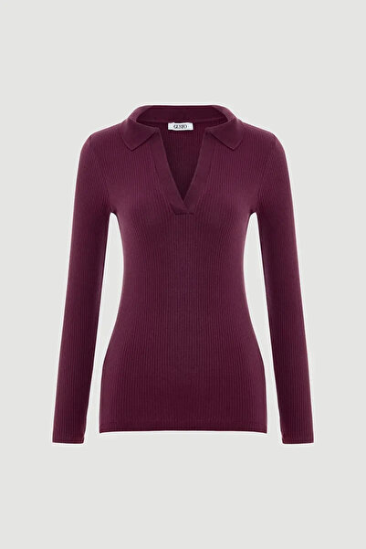 Gusto Polo Collar Cotton Knitted Blouse - Plum