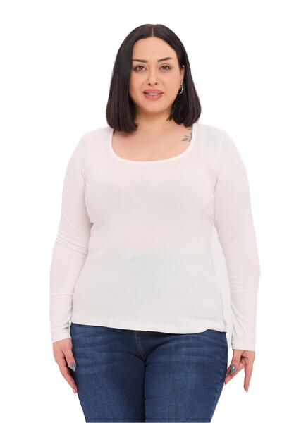 DISENTIS MODEST Plus Size U-Neck Long Sleeve Viscose Ecru Bodysuit