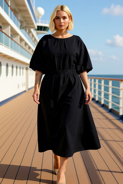 BENERLY Women's Crew Neck Balloon Sleeve Midi Woven Plus Size Dress Functiona...