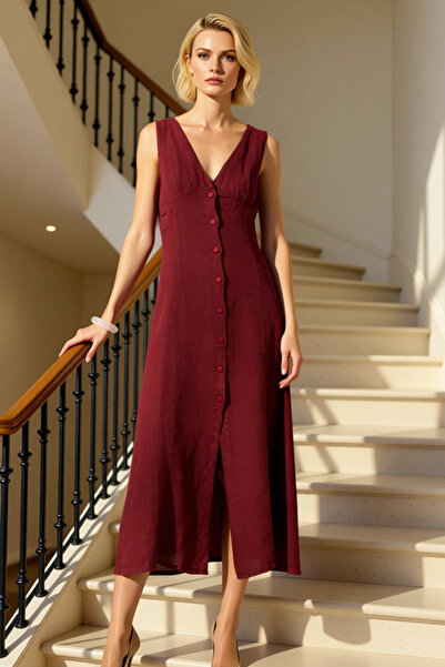 BENERLY Women's V-Neck Sleeveless Button Detailed Midi Dress Functional Durab...