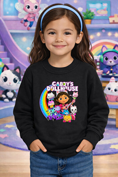 Zeycem Store Μαύρο ροζ φούτερ για κορίτσια με σχέδιο Gabby Dollhouse