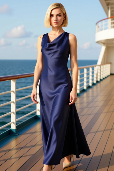 BENERLY Kadın Degaje Yaka Kolsuz A Kesim Saten Maxi Elbise Dokuma Kumaş Fonks...