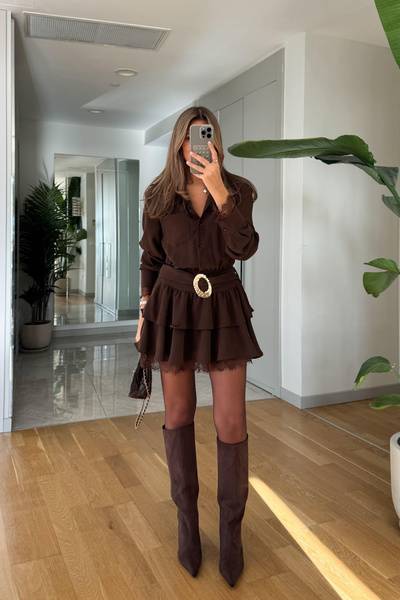 SHILSEE BEUTİQUE Women's Shirt Collar with Lace Detail and Gold Belt Mini Shirt Dress Brown