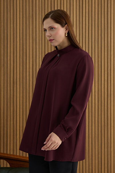 Aker Bordo Yakası Pili ve Boncuk Detaylı Bluz