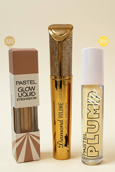 Pastel Kadın Kozmetik Likit Göz Farı Lip Gloss Maskara (Rimel) 3`lü Makyaj Seti