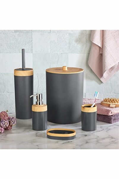Evalins Mila Bambu Desenli 5'li Banyo Seti: Çöp Kovası, Fırça, Sıvı ve Katı S...