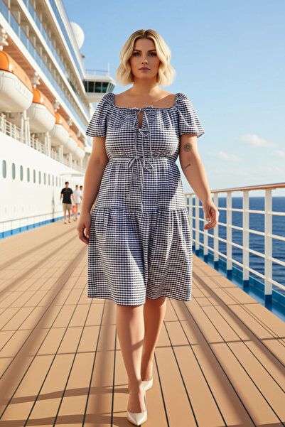 BENERLY فستان نسائي قصير بياقة مربعة وأكمام بالون، مقاس كبير، منسوج بنمط الغو...