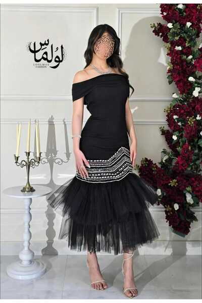 Loolmas fashion Off-shoulder evening dress, embellished with beads, black color