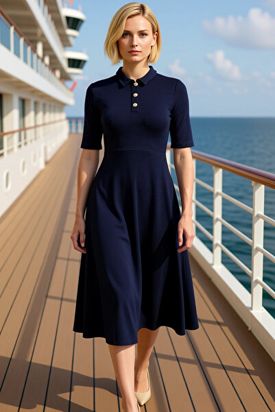 BENERLY Women's Polo Neck Three Quarter Sleeve A-Line Fit Midi Knitted Dress ...