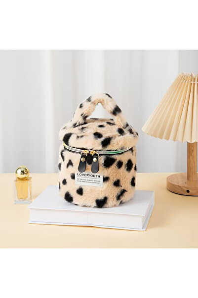 CARAVSTORE Stylish Makeup Bag with Plush Leopard Pattern