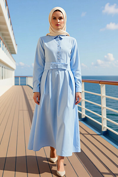 BENERLY Women's Maxi Length Shirt Collar Standard Sleeve Woven Dress Function...