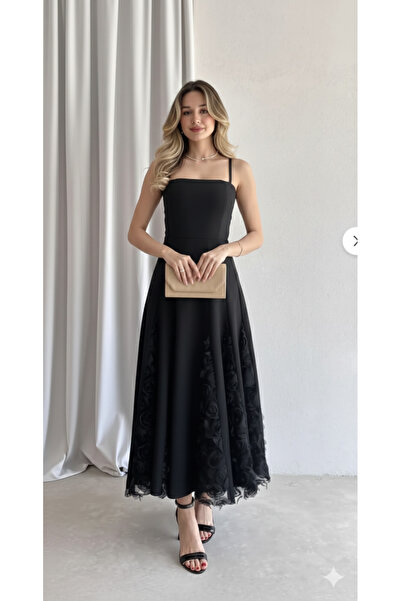 ALFUDO Moda Collection SASSAİ Danteli Siyah Midi Mezuniyet Abiye Elbisesi
