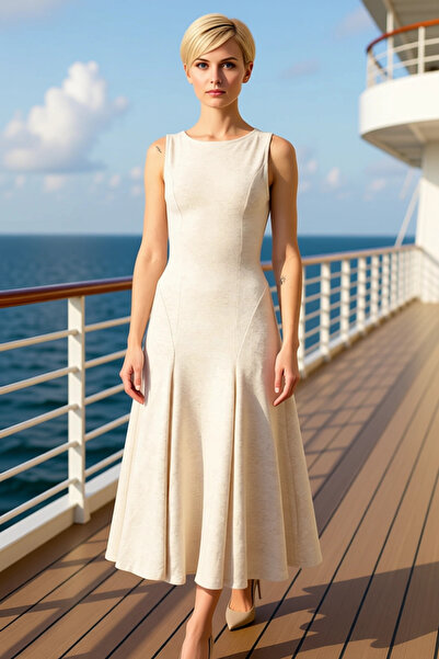 BENERLY فستان ماكسي نسائي ياقة مرتفعة متوسطة الطول بدون أكمام، تصميم سكيتشر، ...