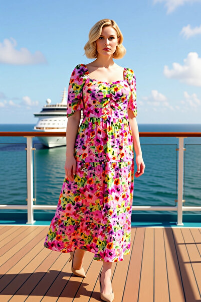 BENERLY Rochie de damă cu guler pătrat, mâneci scurte, cu model floral țesut,...