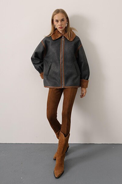 SHILSEE BEUTİQUE Women's Contrast Fur Collar Biker Jacket Anthracite