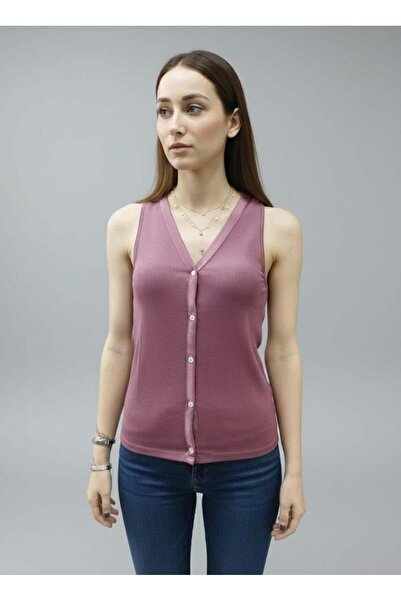 Afri Women's Dusty Rose V-Neck Buttoned Corded Fabric Ribbed Knit Tank Top - Sleeveless Slim Knit Blouse