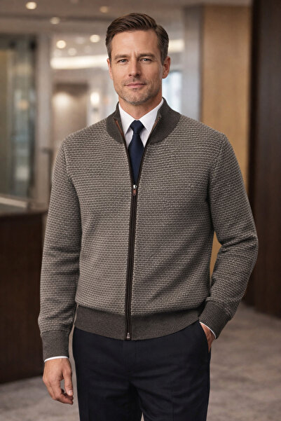 New Oxford Mock Neck Micro Patterned Wool Blend Long Sleeve Zippered Men's Cardigan