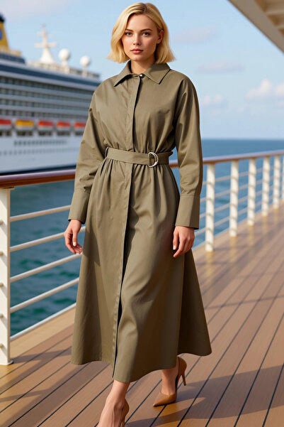 BENERLY Kadın Gömlek Yaka Yarasa Kol Uzun Kollu Midi Elbise Düz Desen Fonksiy...