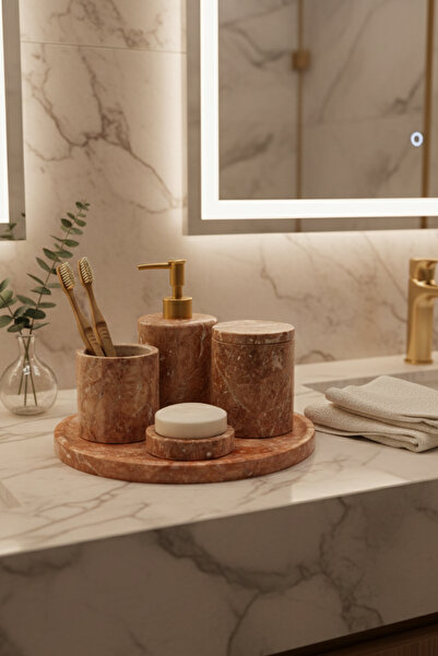 Deconore Traverten Mermer Banyo Seti 5’li – El Yapımı Doğal Taş Banyo Aksesua...