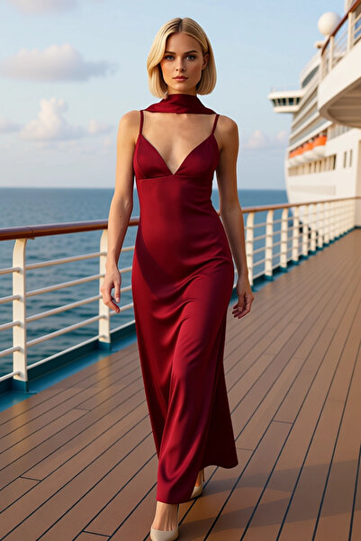 BENERLY Women's V-Neck Sleeveless Satin Woven Shift Mold Maxi Dress Functiona...