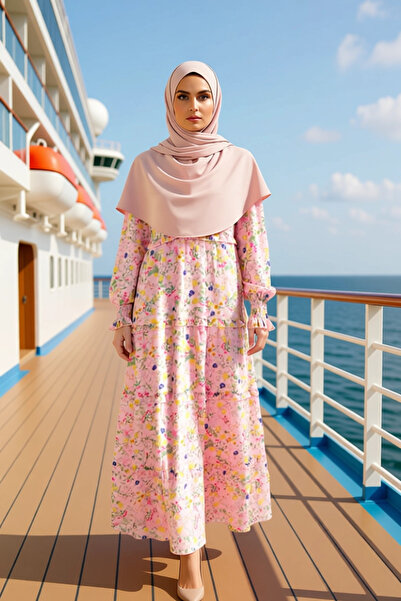 BENERLY Women's Maxi Length Ruffled Hem Mock Neck Long Sleeve Chiffon Dress F...