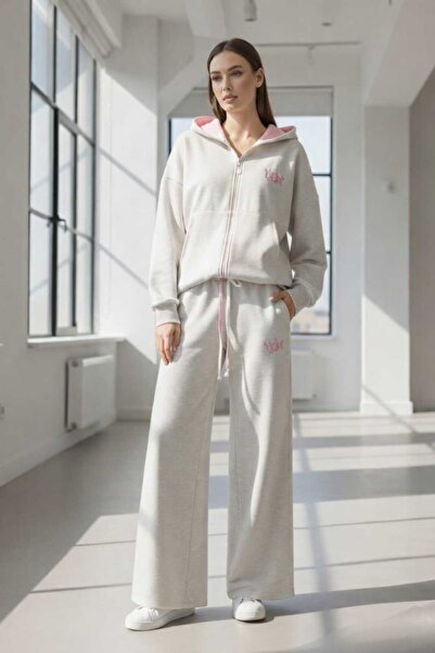 HİKABOUTİQUE ✨ Women’s Oversized 2-Piece Tracksuit – Grey & Pink Hoodie Set✨
