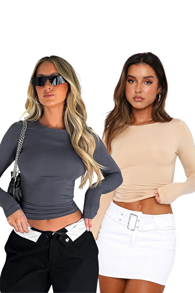Seeh Smoked/Beige Crew Neck Basic Long Sleeve Bodysuit Sh142