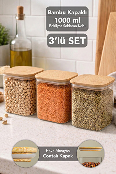 Meleni Home 3-Piece 1 Liter Bamboo Lid Aura Square Storage Container - Vacuum Lid Airtight Grain Food Container